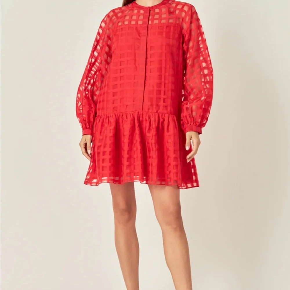 English Factory Sheer Red Organza Long Sleeve Checkered Dress - Size S - Picture 1 of 7